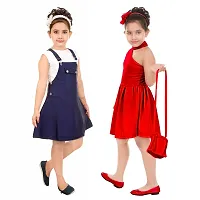 Stylish Cotton Blend Self Pattern Dresses For Girls (Pack Of 2, Navy Blue, Red)-thumb1