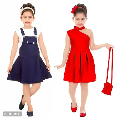 Stylish Cotton Blend Self Pattern Dresses For Girls (Pack Of 2, Navy Blue, Red)-thumb0