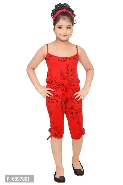Red Printed Cotton Blend Jumpsuit