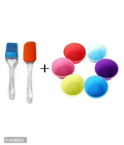 Combo Set Of 6 Silicone Muffin Moulds with Silicone Spatula  Pastry Brush Set-thumb0