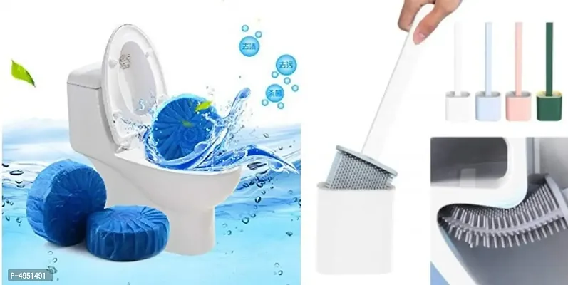 Combo of 2 Pcs Toilet Cleaner Ball Powerful Automatic Flush Toilet Bowl Tablets and 1Pcs Flexible Silicon Toilet Brush with Holder Stand for Toilet Cleaning Easy to Clean-thumb0