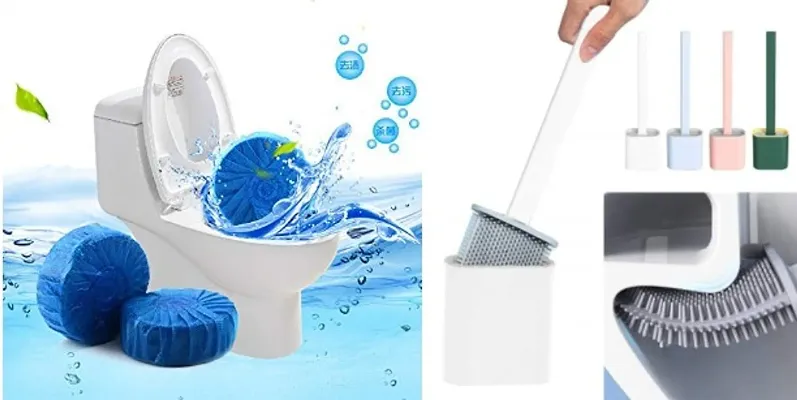 Combo of 2 Pcs Toilet Cleaner Ball Powerful Automatic Flush Toilet Bowl Tablets and 1Pcs Flexible Silicon Toilet Brush with Holder Stand for Toilet Cleaning Easy to Clean
