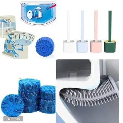 Combo of 10 Pcs Toilet Cleaner Ball Powerful Automatic Flush Toilet Bowl Tablets and 1Pcs Flexible Silicon Toilet Brush with Holder Stand for Toilet Cleaning Easy to Clean-thumb0