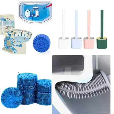 Combo of 10 Pcs Toilet Cleaner Ball Powerful Automatic Flush Toilet Bowl Tablets and 1Pcs Flexible Silicon Toilet Brush with Holder Stand for Toilet Cleaning Easy to Clean