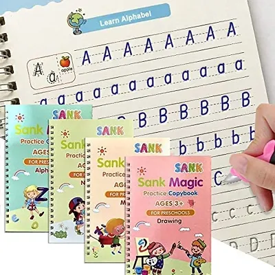 Magic Practice Copybook, (4 Book + 10 Refill ) Number Book for Preschoolers with Pen, Magic Calligraphy Copybook Set Reusable Writing Tool Simply Hand Lettering Stationery