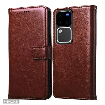 Modern Leather Finish Imported Tpu Wallet Stand Magnetic Closure Flip Cover For Vivo V30 Pro 5GTan Brown-thumb0