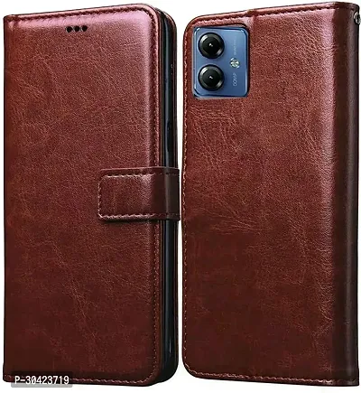 Coverblack Hybrid Tpu Artificial Leather,Silicon Flip Cover For Motorola Moto G14Vintage Brown