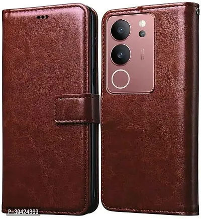 Coverblack Dual Protection Artificial Leather,Rubber Flip Cover For Vivo V29 5GExecutive Brown-thumb0