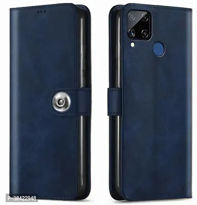 Coverblack Hybrid Tpu Artificial Leather Flip Cover For Realme C15Navy Blue-thumb0