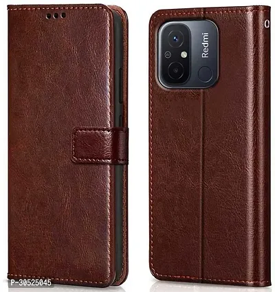 Coverblack Dual Protection Artificial Leather,Rubber Flip Cover For Redmi 12CExecutive Brown-thumb0