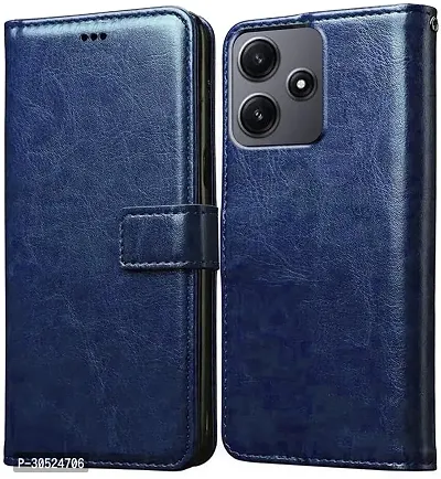 Coverblack Matte Finish Artificial Leather,Rubber Flip Cover For Mi Redmi 12 5GNavy Blue-thumb0