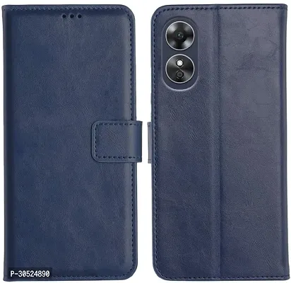 Coverblack Dual Protection Artificial Leather,Rubber Flip Cover For Oppo A18Navy Blue