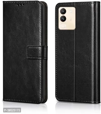 Coverblack Matte Finish Artificial Leather,Silicon Flip Cover For Vivo V2307 , Vivo_Y200 5GVintage Starry Black-thumb0