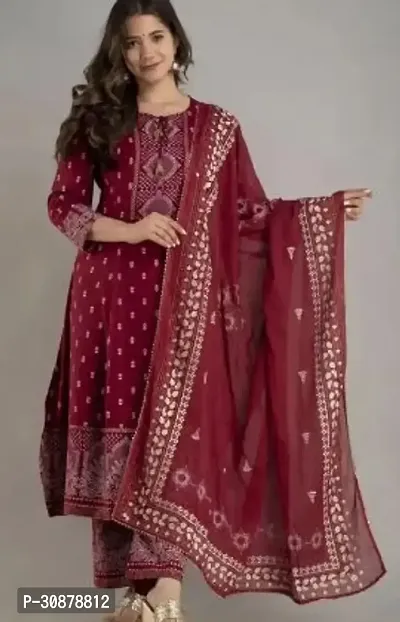 Elegant Maroon Rayon Printed Anarkali Kurta, Bottom And Dupatta Set For Women-thumb0