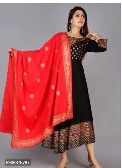 Elegant Black Rayon Printed Anarkali Kurta, Bottom And Dupatta Set For Women