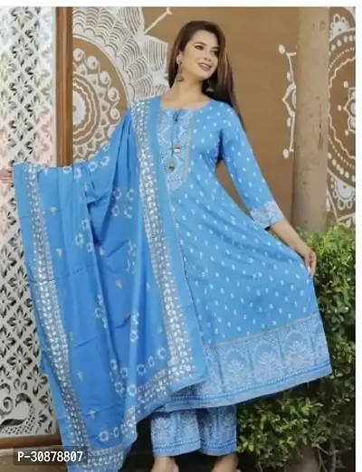 Elegant Blue Rayon Printed Anarkali Kurta, Bottom And Dupatta Set For Women