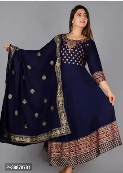 Elegant Navy Blue Rayon Printed Anarkali Kurta, Bottom And Dupatta Set For Women-thumb0