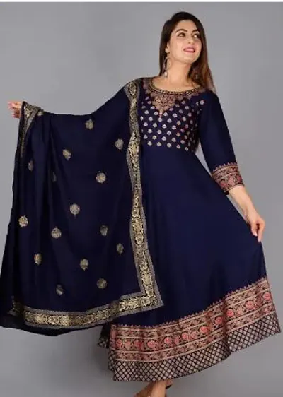 Elegant Rayon Printed Anarkali Kurta With Dupatta Set