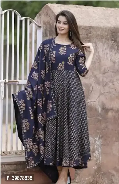 Elegant Navy Blue Rayon Printed Anarkali Kurta, Bottom And Dupatta Set For Women-thumb0