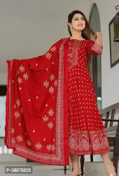 Elegant Red Rayon Printed Anarkali Kurta, Bottom And Dupatta Set For Women