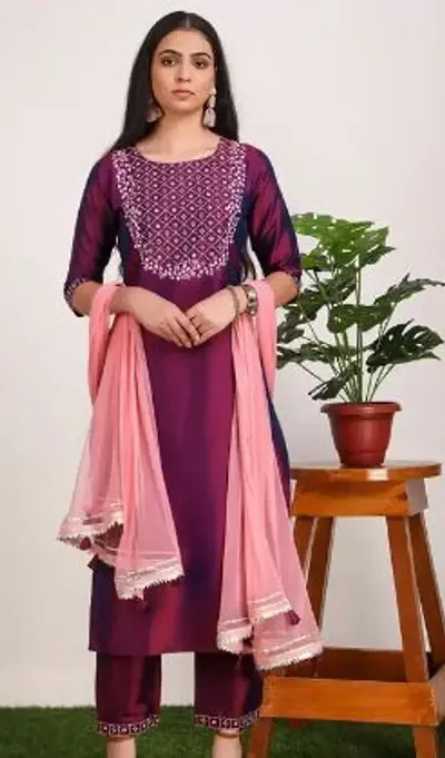 Elite Embroidered Kurta with Pant And Dupatta Set For Women