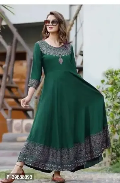 Elegant Green Rayon Printed Anarkali Kurta For Women