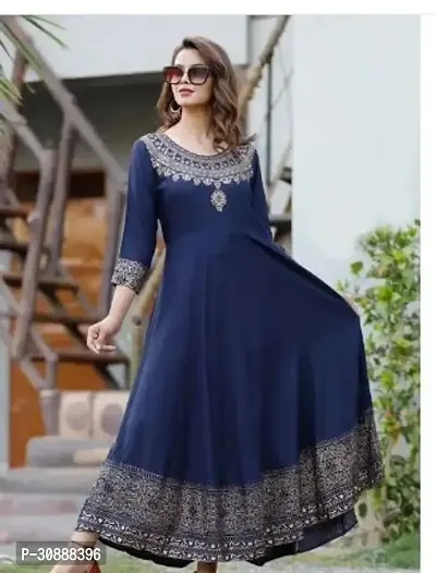 Elegant Navy Blue Rayon Printed Anarkali Kurta For Women-thumb0