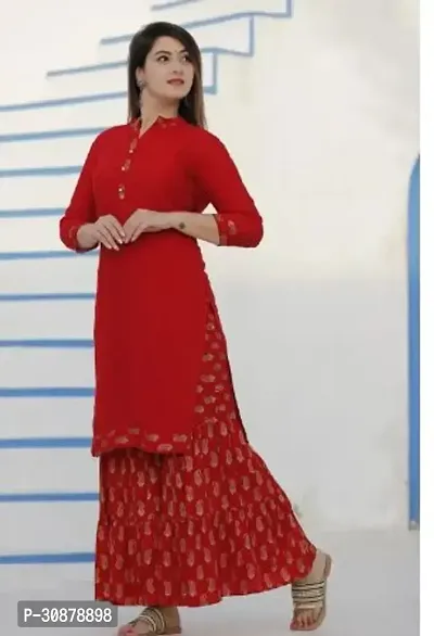 Elegant Red Rayon Printed Straight Kurta, Bottom Set For Women-thumb0