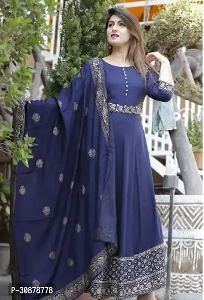 Elegant Navy Blue Rayon Printed Anarkali Kurta, Bottom And Dupatta Set For Women