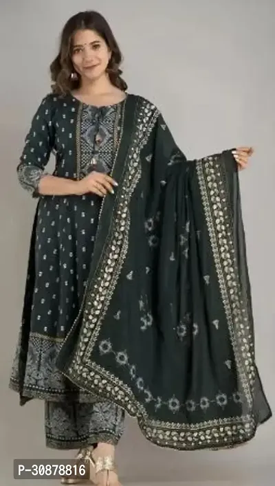 Elegant Black Rayon Printed Anarkali Kurta, Bottom And Dupatta Set For Women