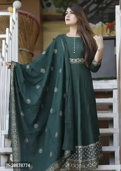 Elegant Green Rayon Printed Anarkali Kurta, Bottom And Dupatta Set For Women