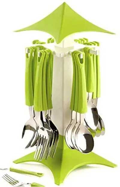 Green Stainless Steel, Plastic Cutlery Set Pack Of 25