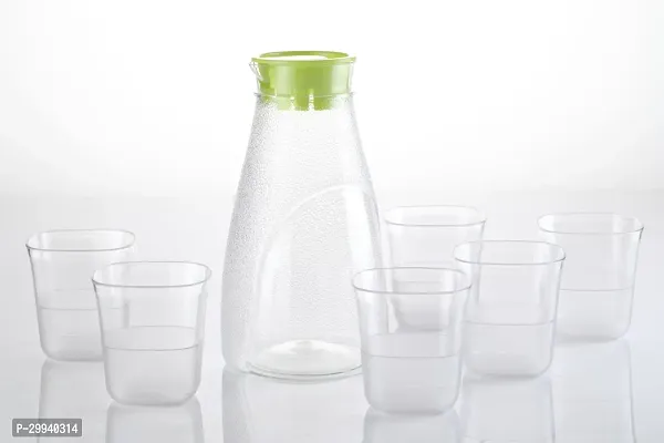 Green Plastic Unbreakable 1 Water Lemon Juice Jug And Drinking Plastic Transparent Water Glass Set 6 Pieces-thumb0