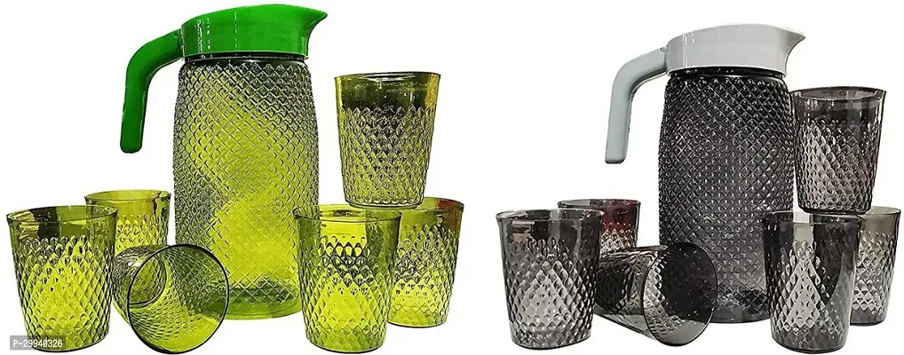 Green  Black Jug With 12 Pieces Glasses Set For Serving (2 L) Jug Glass Set (Plastic)