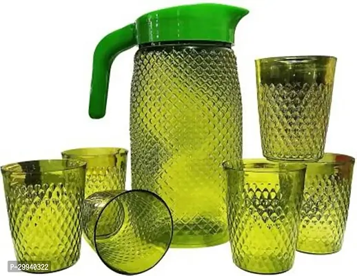 Green Jug With 6 Pieces Glasses Set For Serving (2 L) Jug Glass Set (Plastic)-thumb0