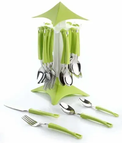 Green Hut Cutlery Set-Spoon Set - Spoon Stand Stainless Steel Cutlery Set Plastic, Steel Cutlery Set Pack Of 25