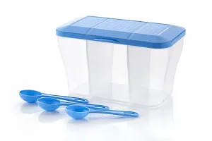 Finner 1100 ML Multipurpose Plastic Transparent 3 In 1 Airtight Storage Container With 3 Spoons for Kitchen, 3 Compartment Fridge Container, To store Spice, Pulse, Pickle, Snacks (Blue set of 2)-thumb1