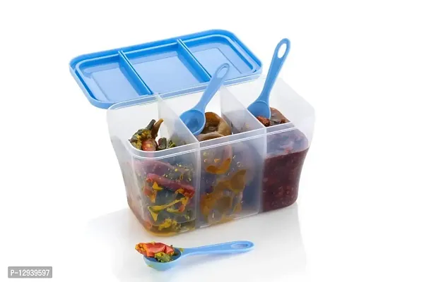 Finner 1100 ML Multipurpose Plastic Transparent 3 In 1 Airtight Storage Container With 3 Spoons for Kitchen, 3 Compartment Fridge Container, To store Spice, Pulse, Pickle, Snacks (Blue set of 2)-thumb0