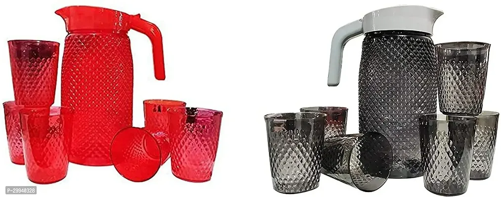 Red  Black Jug With 12 Pieces Glasses Set For Serving (2 L) Jug Glass Set (Plastic)