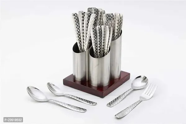 Stainless Steel Spoon And Fork Set Of 24 Pieces With Steel Spoon Stand Suitable For Kitchen Pack Of 25