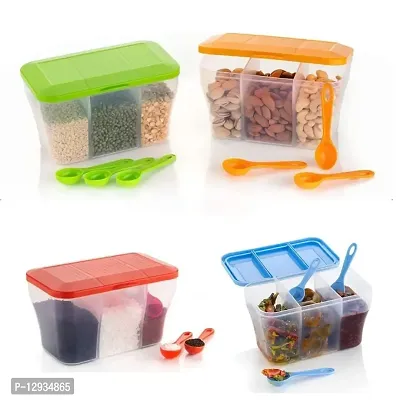 Finner 1100 ML Multipurpose Plastic Transparent 3 In 1 Airtight Storage Container With 3 Spoons for Kitchen, 3 Compartment Fridge Container, To store Spice, Pulse, Pickle, Snacks (set of 4)-thumb0