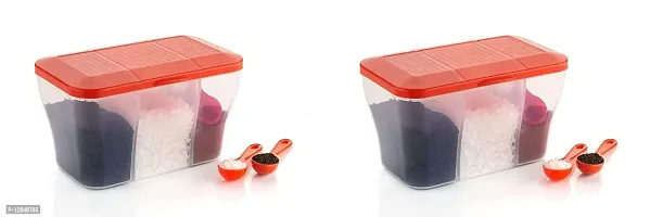 Finner 1100 ML Multipurpose Plastic Transparent 3 In 1 Airtight Storage Container With 3 Spoons for Kitchen, 3 Compartment Fridge Container, To store Spice, Pulse, Pickle, Snacks (Red set of 1)