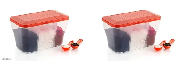 Finner 1100 ML Multipurpose Plastic Transparent 3 In 1 Airtight Storage Container With 3 Spoons for Kitchen, 3 Compartment Fridge Container, To store Spice, Pulse, Pickle, Snacks (Red set of 1)-thumb0