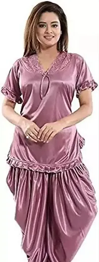 Modon Dhoti Style Bottom Night Suit Satin Nighty For Women's And Girls Free Size