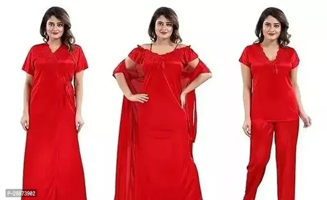 4 Pc women nighty Womens Satin Solid Maxi Nighty-thumb0