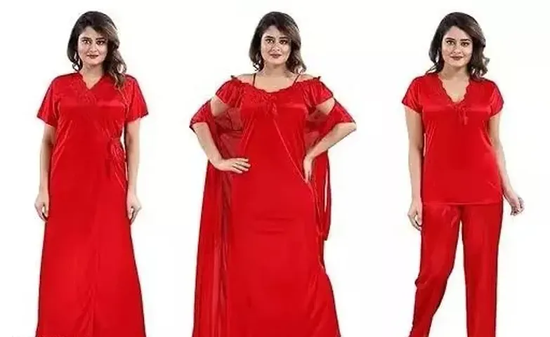 4 Pc women nighty Womens Satin Solid Maxi Nighty