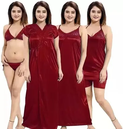 Womens Satin 6 Piece Nighty Set