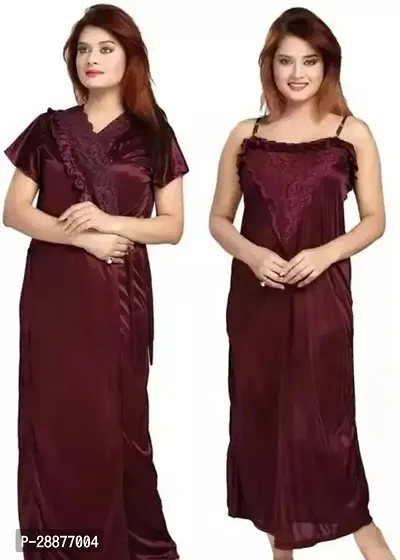 2PC Nightwear nighty Womens Satin Solid Maxi Nighty (Pack of 2)-thumb0