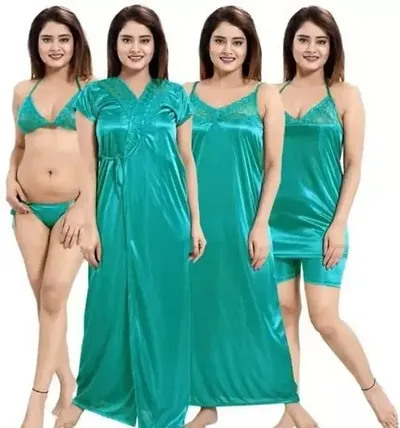 Siami Apparels Solid Satin Piece Nightwear Set (1 Robe, 1 Nighty, 1 Top, 1 Shorts, 1 Lingerie Set) for Women | Comfy Stylish (Free Size, Rani)