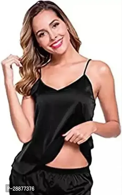 Soft  Smooth Satin Solid Nightwear Night Suit/Night Shirt Sleeveless Top  Shorts Set for Women-thumb0